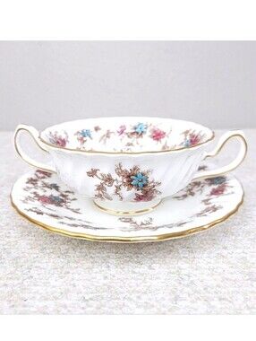 Vintage Minton Ancestral Bone China Floral Cream Soup Bowl & Underplate